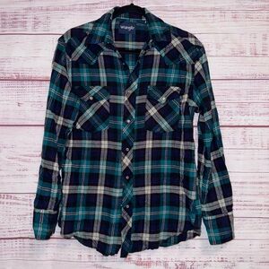 Wrangler Wrancher Blue Teal Blue Green Plaid Flannel